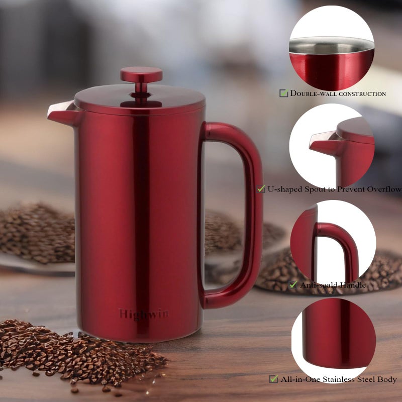 Highwin 8-Cup Double Wall Insulated Stainless Steel French Coffee Press, 32-Ounce Durable Coffee Tea Maker with Stainless Steel Plunger, Red - Image 2